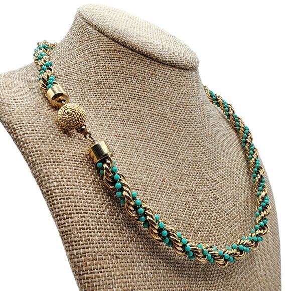 Avon Rope Twist Necklace from 1972 Gold Tone Chain with Turquoise Colored Beads - Picture 1 of 7